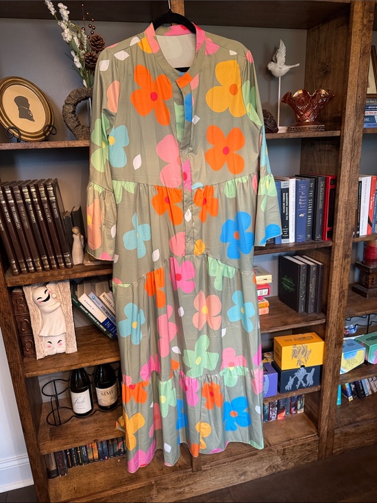Dresses & Skirts - Maxi Dress with Multicolor Floral Print - Olive Background